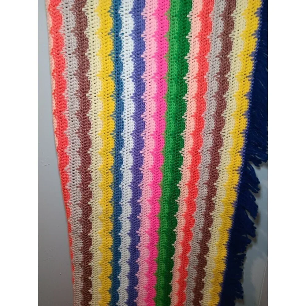 Vintage Handmade Granny Blanket Striped Scalloped Afghan Crochet Throw 50x65